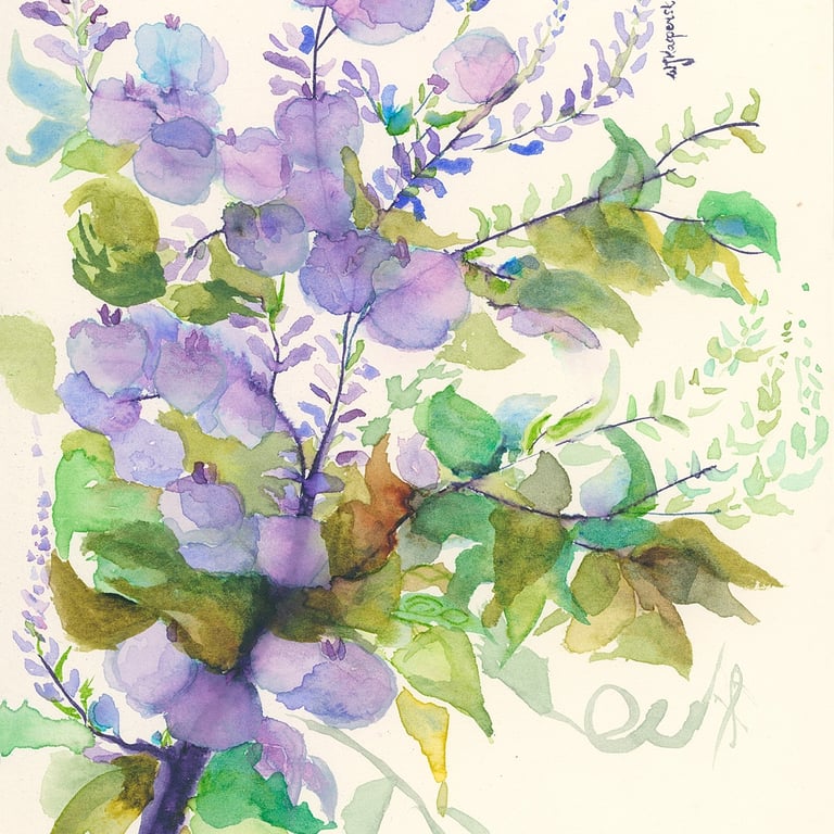 Delicate Wisteria Painting Inspired by Traditional Asian Art by Weronika Kacperski