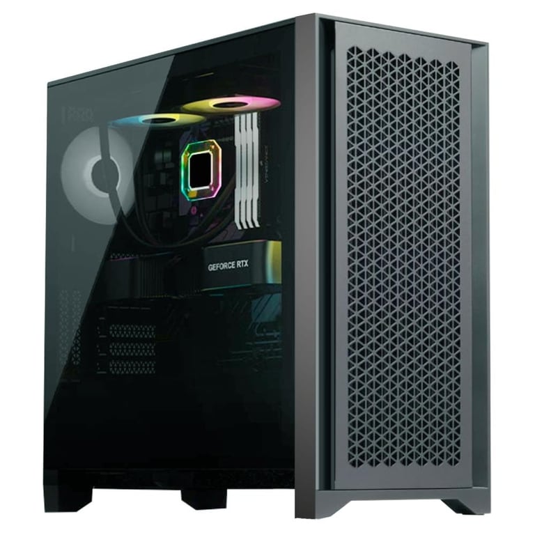 Custom gaming PC desktop with RGB lighting and NVIDIA GeForce RTX graphics card.