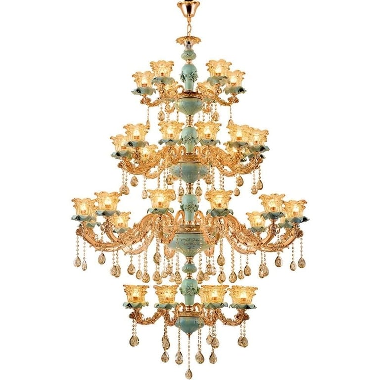 Elegant multi-tier luxury crystal chandelier with gold accents and teal ceramic details for high-end interior lighting.