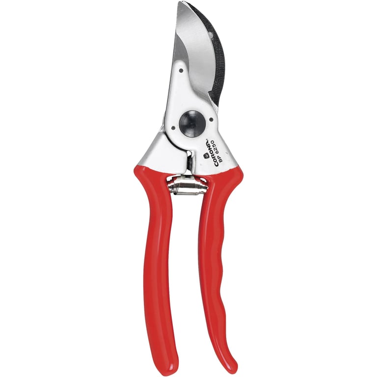 Corona bypass pruners with sharp steel blades and red non-slip ergonomic handles for garden pruning.