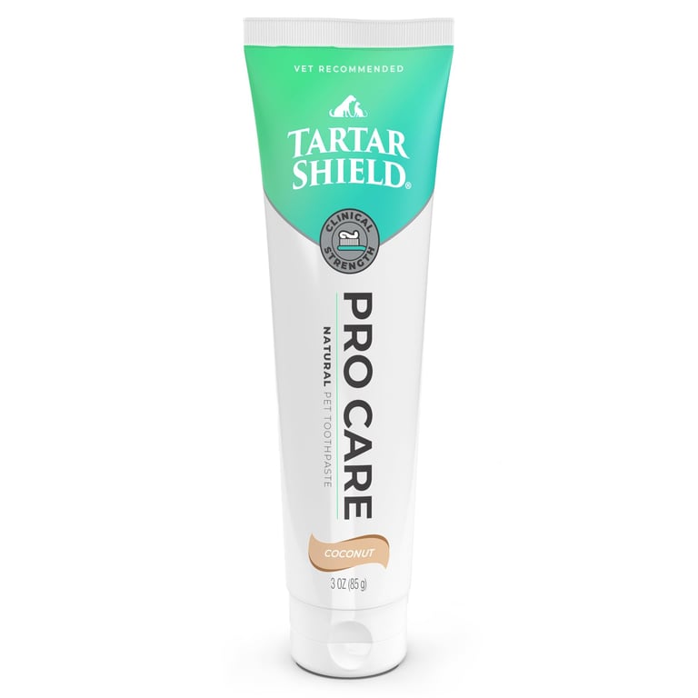 Tartar Shield Pro Care natural coconut pet toothpaste for dogs and cats in a white and teal tube.