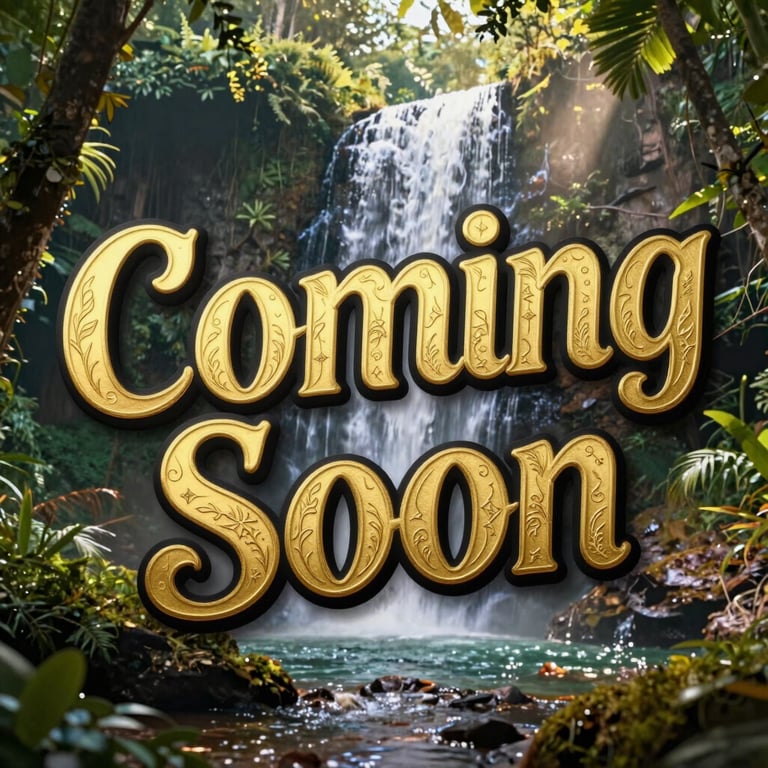 Gold Coming Soon text over a tropical waterfall and lush jungle landscape.