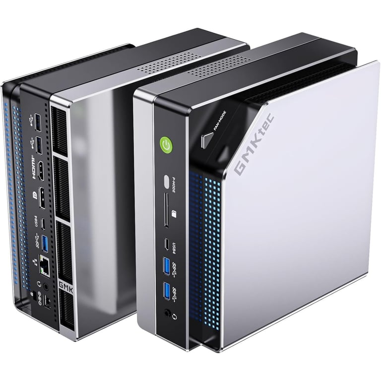 Compact GMKtec mini PC desktop computer showing front and rear ports with silver metallic finish.