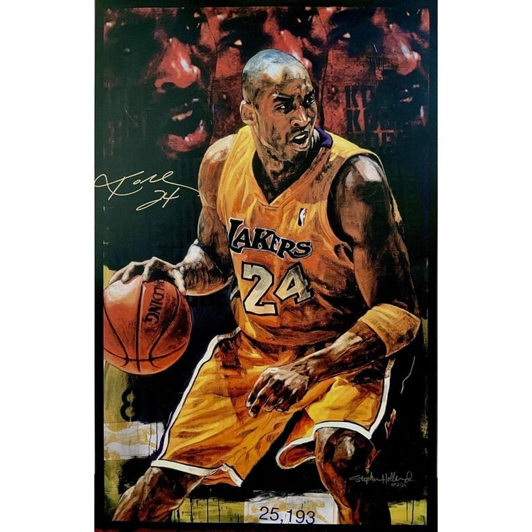 Kobe Bryant Lakers jersey art print featuring the basketball legend dribbling a ball.