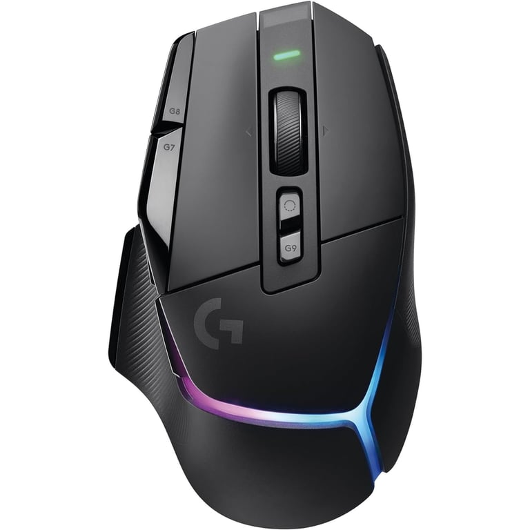 Black Logitech G502 X Plus wireless gaming mouse featuring RGB lighting and programmable buttons.