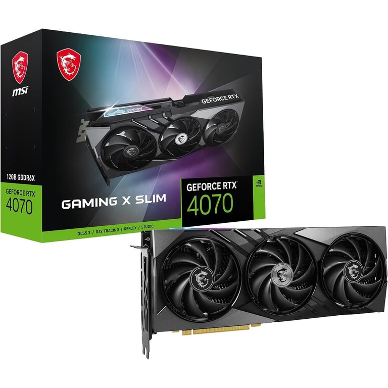 MSI GeForce RTX 4070 Gaming X Slim graphics card with triple fan cooling and retail packaging box.