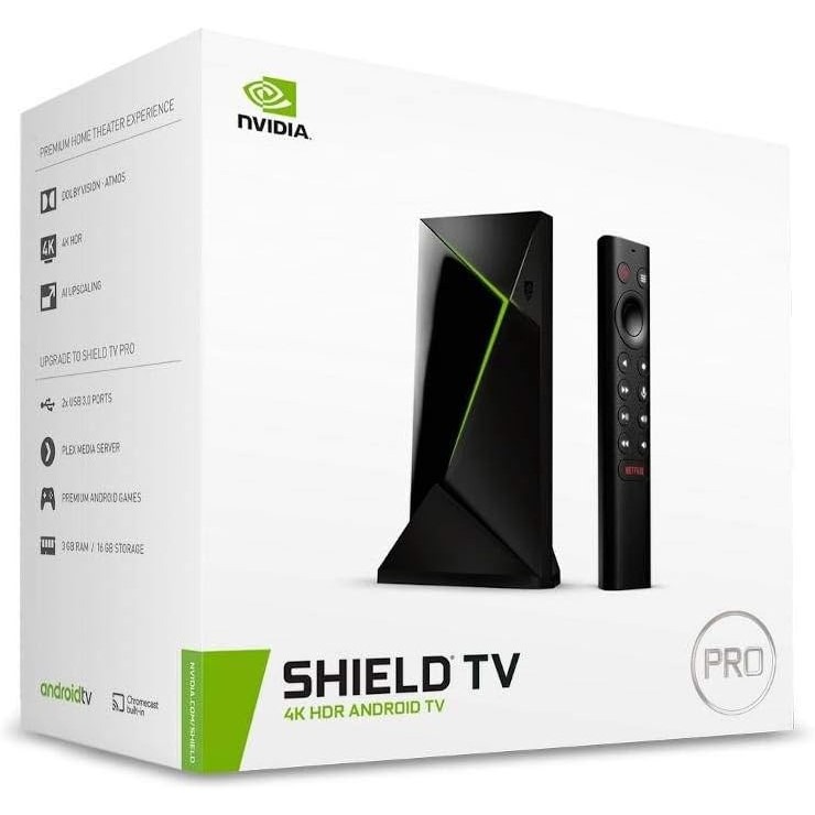 NVIDIA SHIELD TV Pro 4K HDR Android TV streaming media player box and remote in original retail packaging.