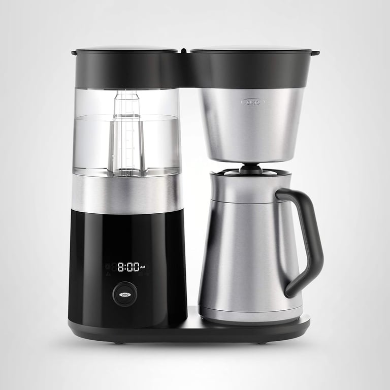 OXO Brew 9-cup coffee maker with stainless steel thermal carafe and digital display.