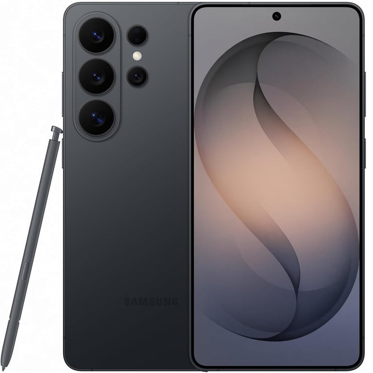 Samsung Galaxy S2 Ultra in Titanium Black showing front display, quad camera system, and S Pen stylus.