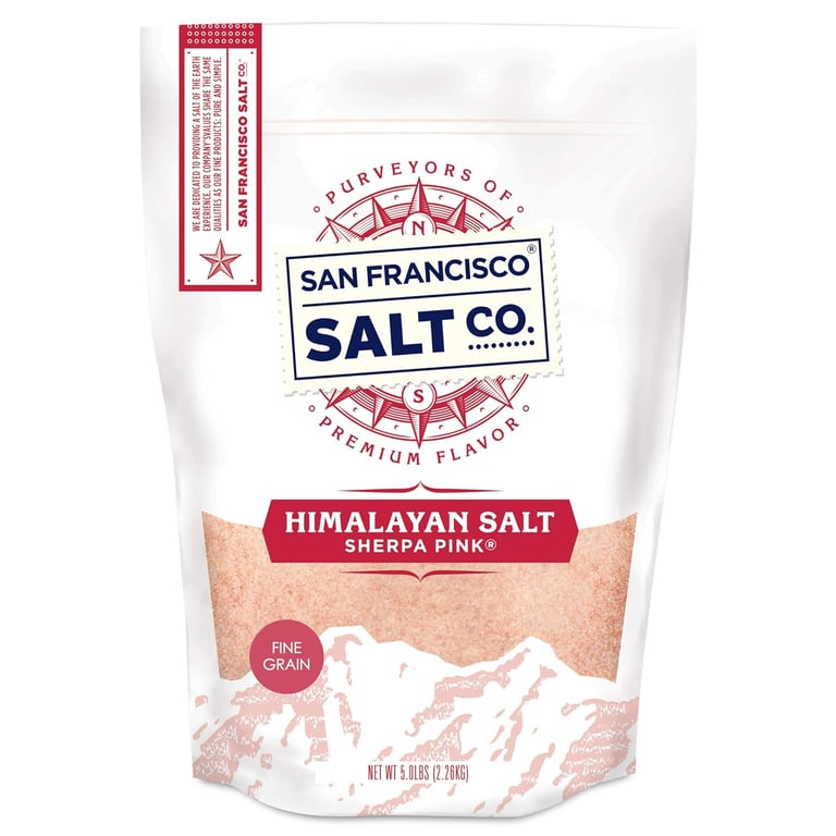 A 5lb bag of San Francisco Salt Co. fine grain Sherpa Pink Himalayan Salt for cooking and wellness.