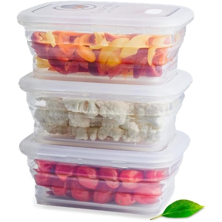 Stack of three collapsible platinum silicone food storage containers.
