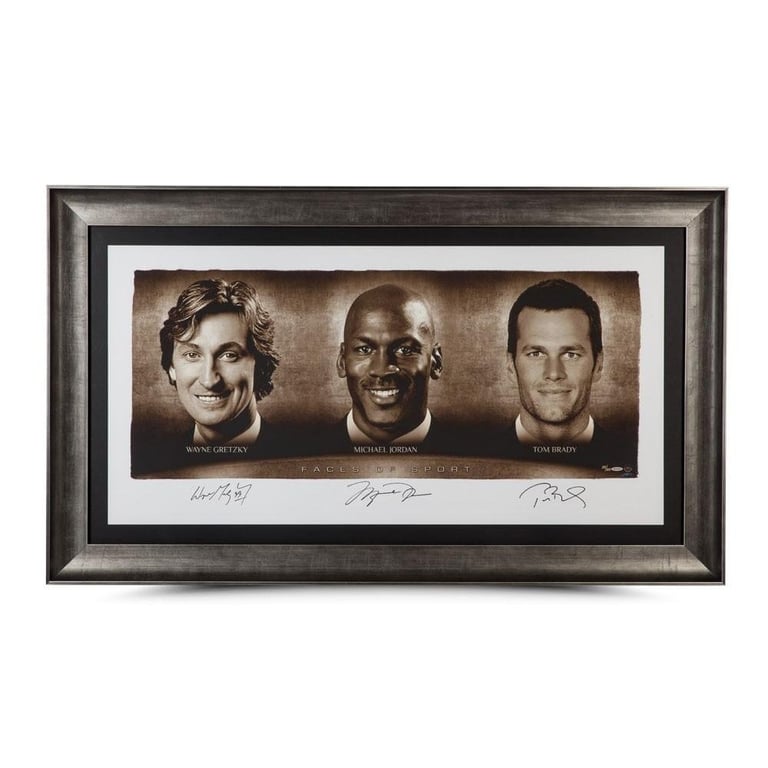 Framed Faces of Sport autographed print featuring Wayne Gretzky, Michael Jordan, and Tom Brady.