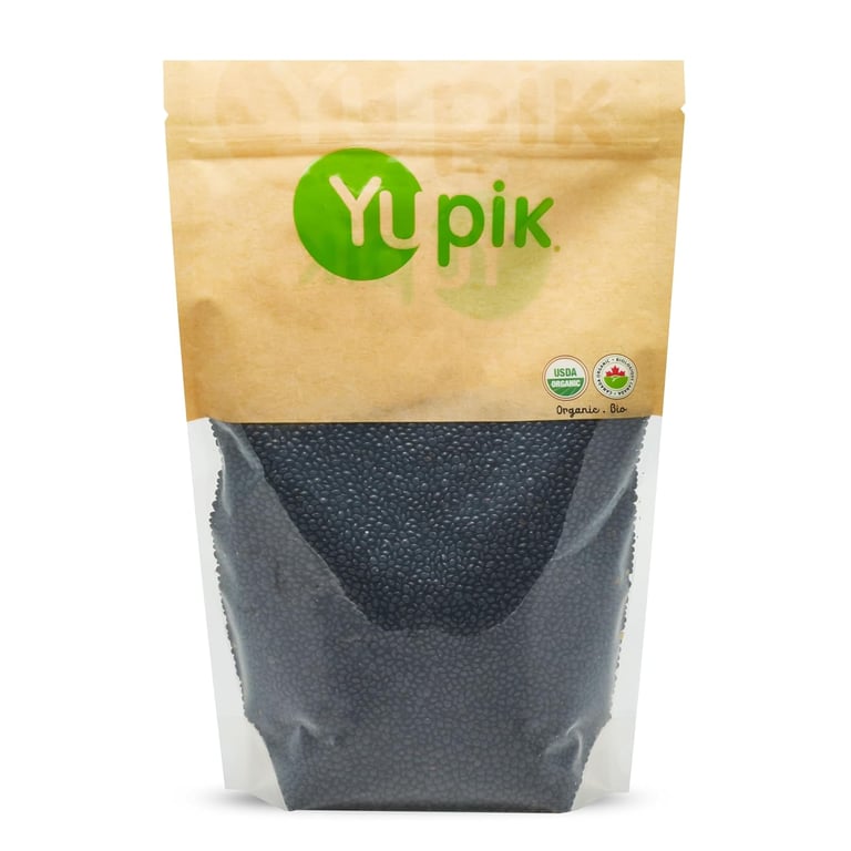 A bag of Yupik organic black beluga lentils in a resealable kraft paper and clear plastic pouch.