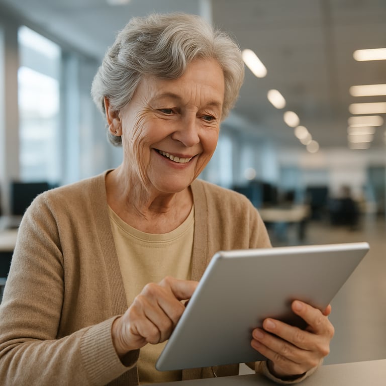 A senior woman smiling while learning to use a silver tablet in a bright North American tech center.