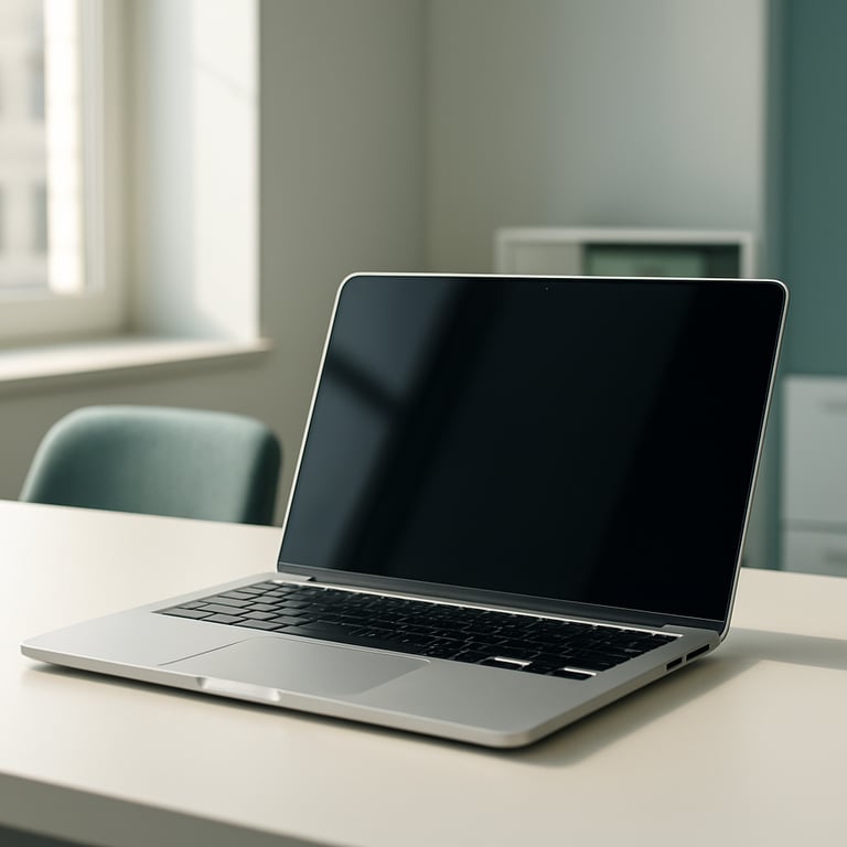 A sleek silver laptop on a clean white desk in a sunlit North American office, soft teal accents.