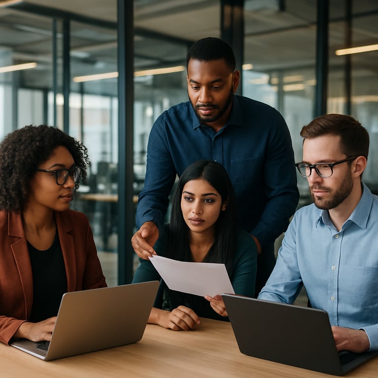 A group of diverse tech professionals collaborating in a modern US workspace with glass walls.