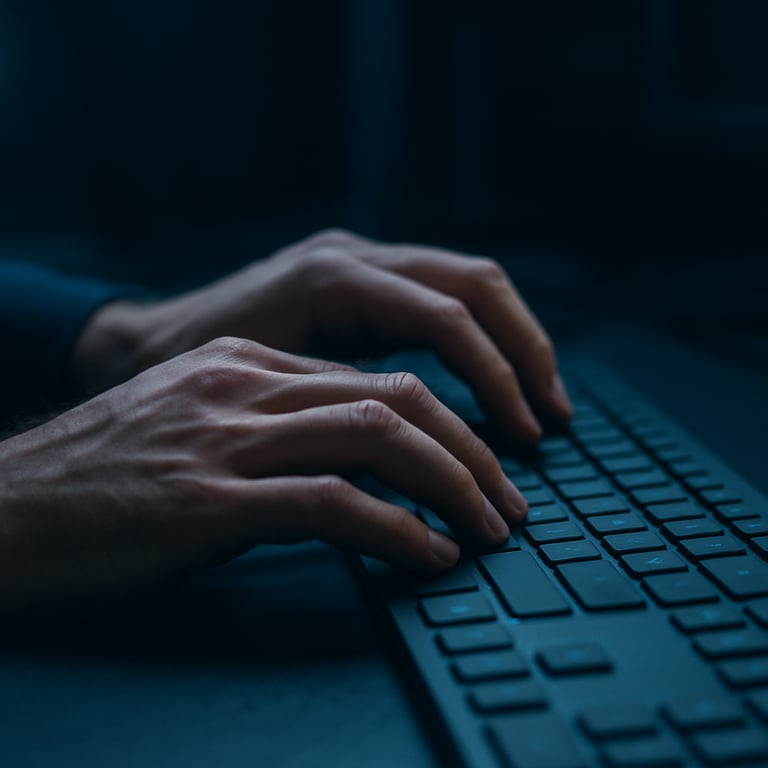 Close-up of hands typing on a modern keyboard in a professional digital lab, deep navy shadows.
