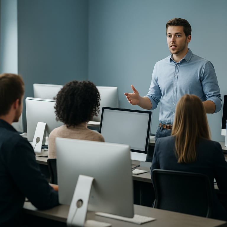 A professional workshop session in a modern US lab with multiple silver computers and soft blue walls.