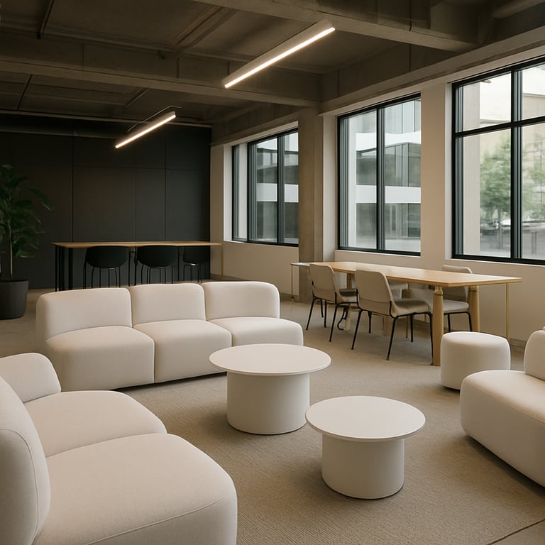 An inspiring view of a collaborative lounge area in a North American tech hub with mist white furniture.