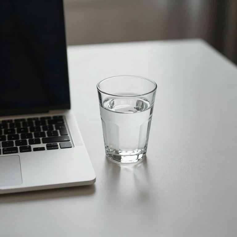 A clean, minimalist desk with a silver laptop and a glass of water, reflecting an organized mind.