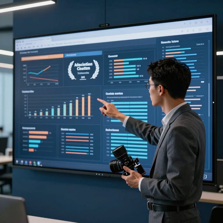 A focused professional analyzing information on a large screen in a modern office with deep blue accents.