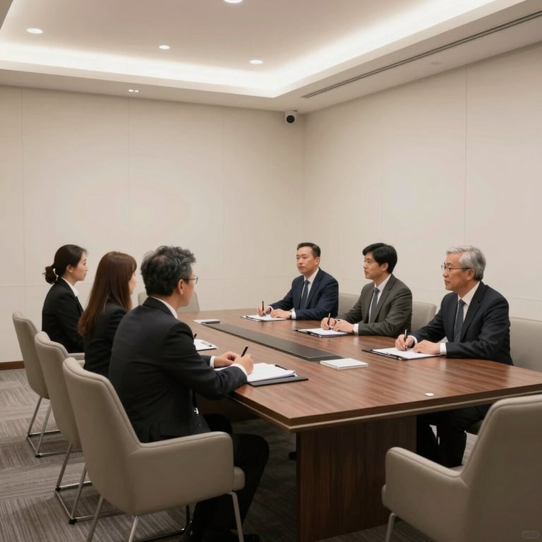 A professional meeting room with off-white walls and high-end furniture, conveying a sense of trust.