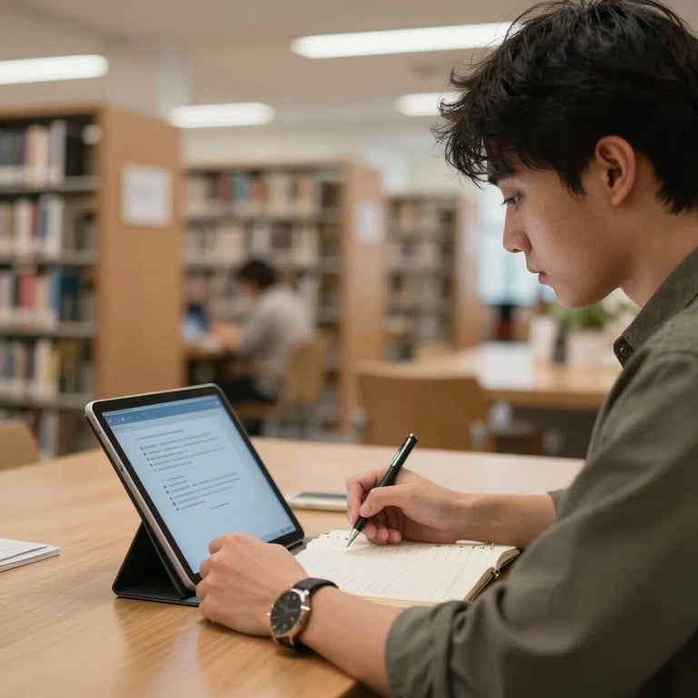 A blurred background of a modern library where a student works diligently with a tablet and notebook.
