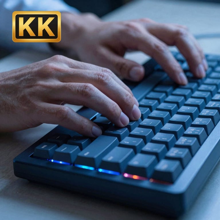 Close-up of hands typing on a mechanical keyboard under soft, intelligent blue lighting.