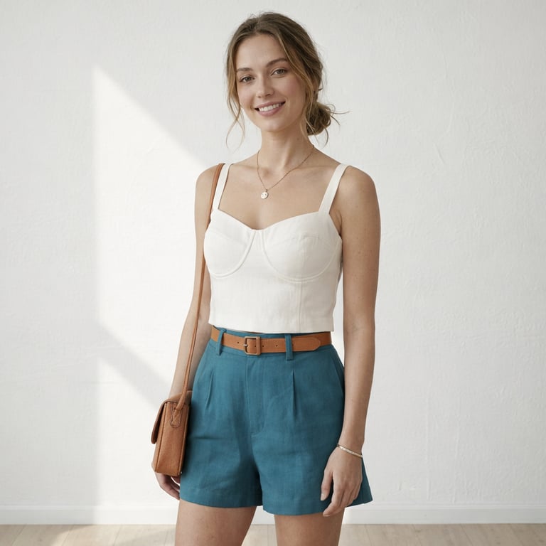 mujer-con-blusa-de-lino-y-short-verde