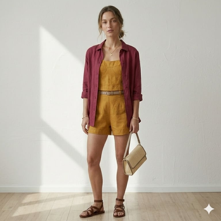 mujer-con-conjunto-de-lino-mostaza-y-camisa-vinotinto