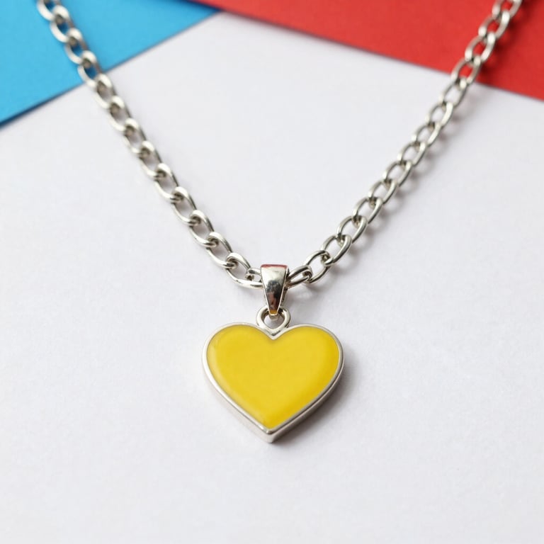A chunky silver chain necklace with a single bold yellow enamel heart pendant, flat-lay on a clean white surface, crisp shadows