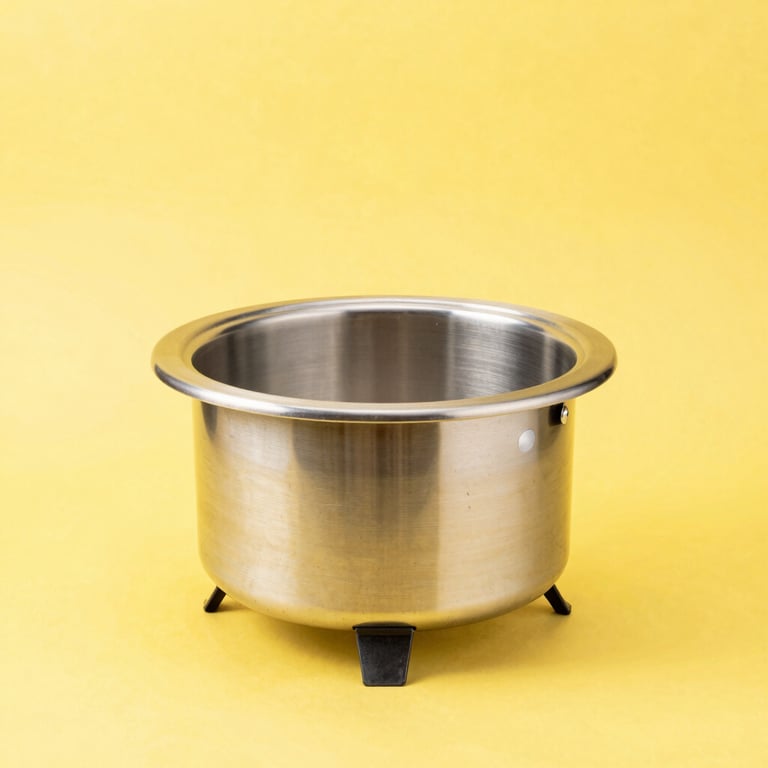 A bright high-key product shot of a portable stainless steel smokeless fire pit, crisp studio light, sunny yellow backdrop, sharp focus, 35mm lens