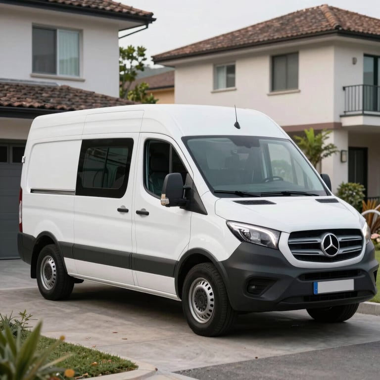 A professional service van with clean branding parked in a residential driveway in a modern neighborhood.