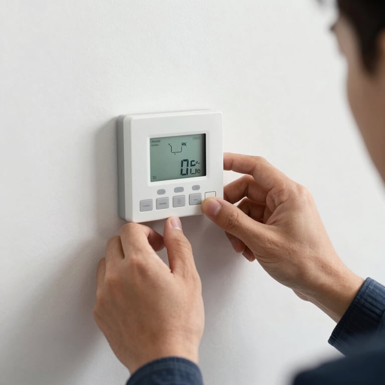 A technician's hand adjusting a modern digital thermostat on a clean white wall.