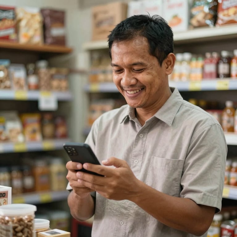 An Indonesian shop owner looking empowered and successful while using a mobile phone.
