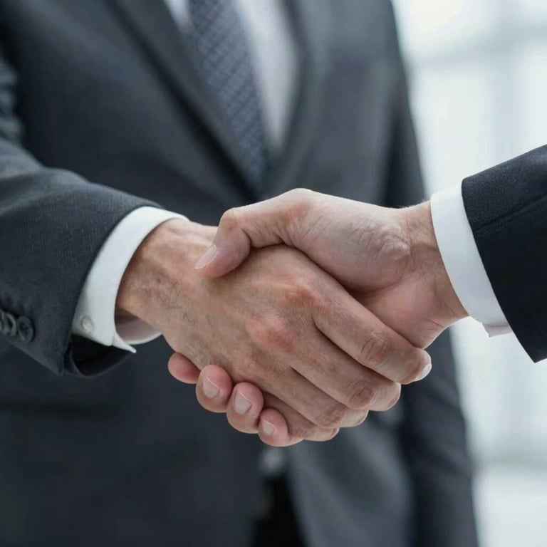 Close-up of a professional handshake representing a secure business partnership, soft lighting.