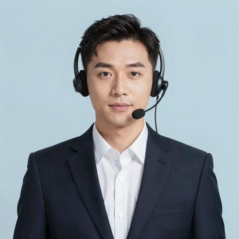 Professional customer service representative with a headset, clean background in #F0F4F8.