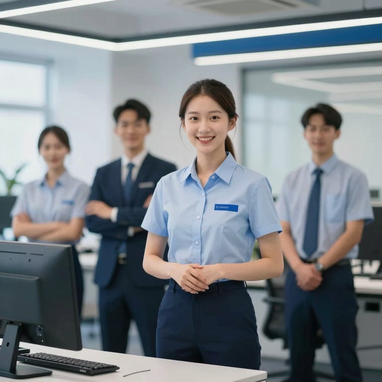 A team of professional support staff in a modern office with blue accents #2E6A8A.