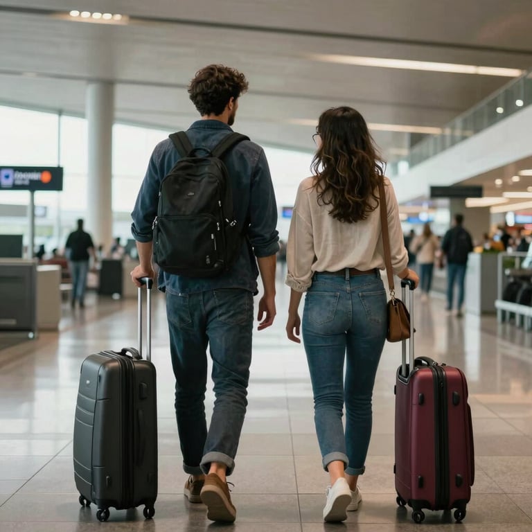 A couple with luggage at a modern South American / Brazilian airport, reflecting the company's travel product options.