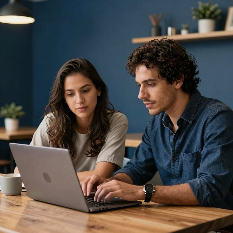 Two professionals collaborating over a laptop in a South American / Brazilian co-working space, deep navy blue accents.