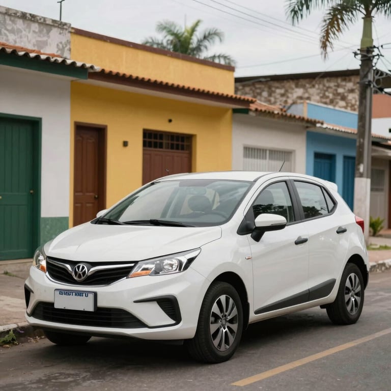 A modern car parked in a vibrant South American / Brazilian residential street, signifying vehicle financing success, soft daylight.