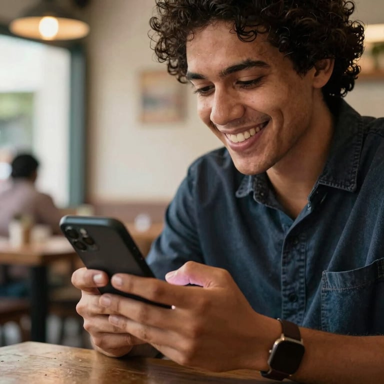 A person smiling while looking at a smartphone screen in a South American / Brazilian cafe, representing digital financial ease.