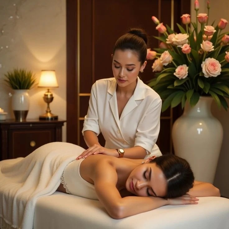 Professional massage therapist performing a relaxing back massage on a female client at a luxury spa.