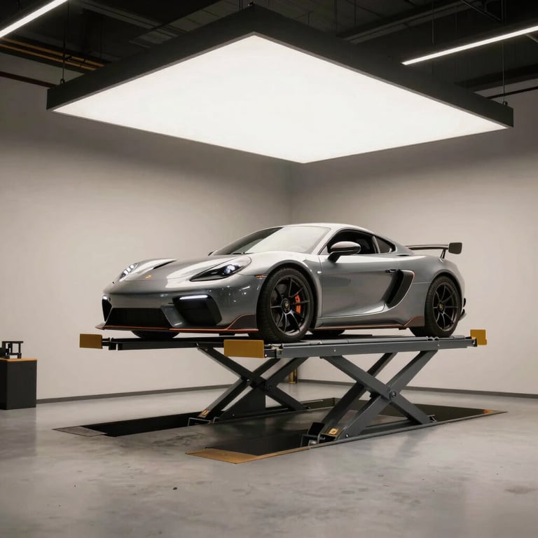 A modern North American garage interior with a sleek sports car on a lift, illuminated by clean off-white studio lighting.