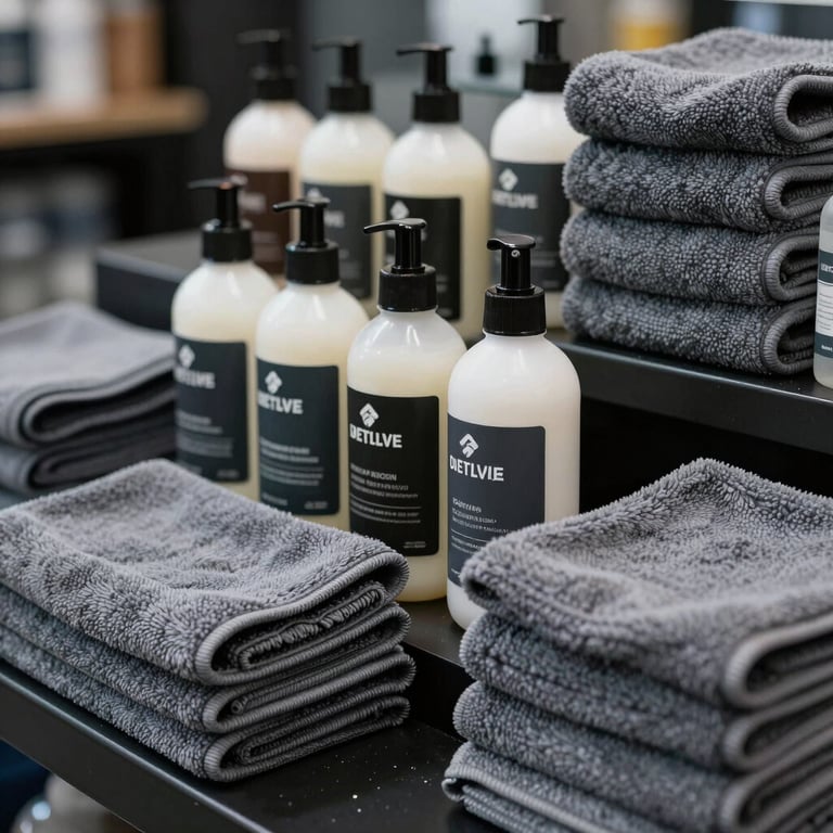 An organized display of premium automotive detailing bottles and microfiber towels in shades of cool grey and slate grey.