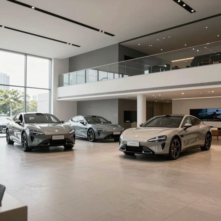 A wide-angle professional photograph of a luxury automotive showroom featuring minimalist slate grey and off-white decor.