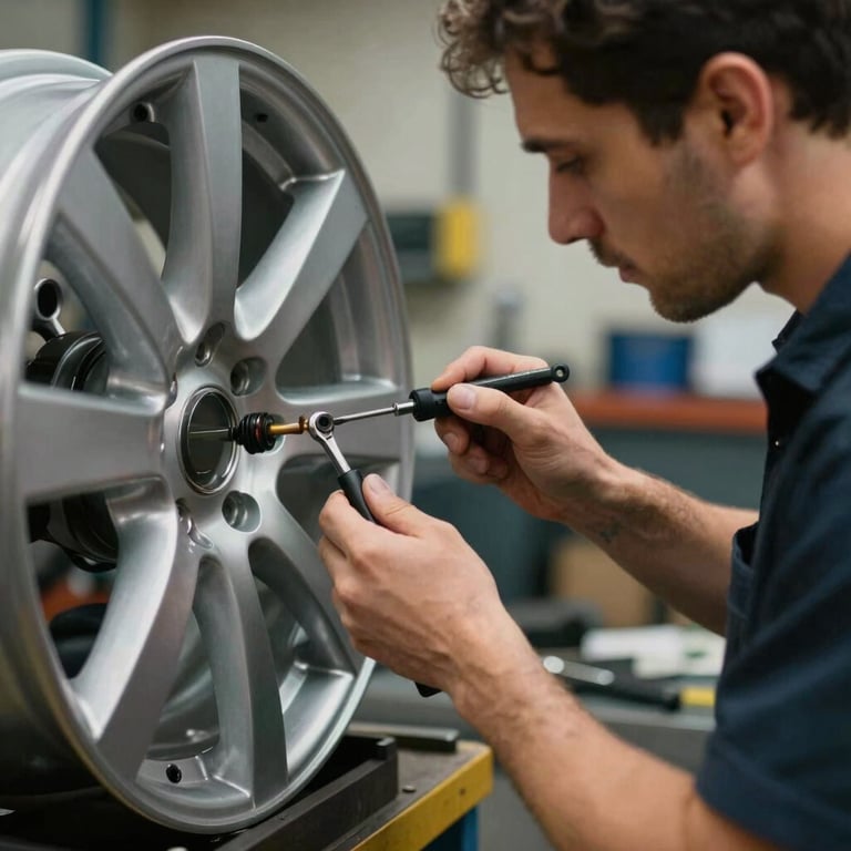 A specialist technician in North American / US attire inspecting an alloy wheel with professional precision tools.