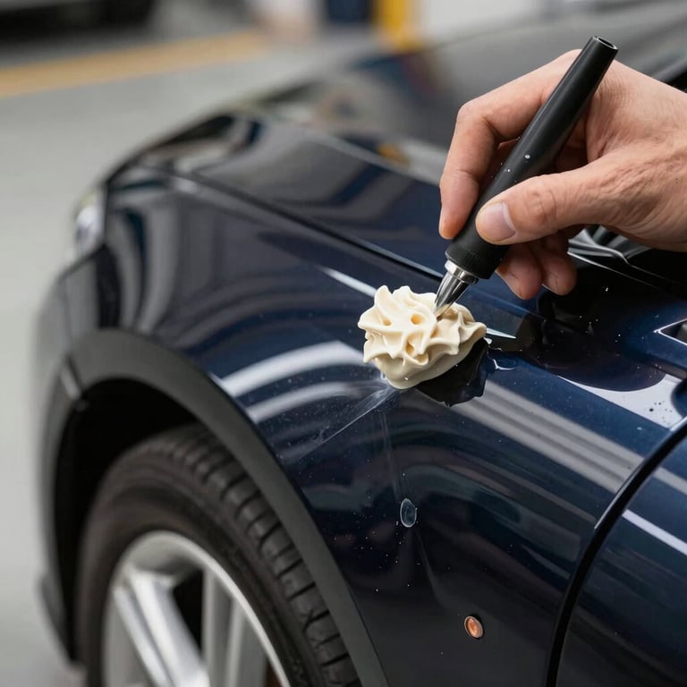 A macro shot of a hand applying ceramic coating to a glossy dark navy car fender in a US workshop.
