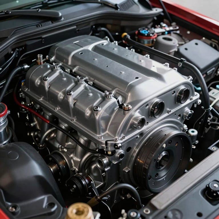 Close-up of a high-performance engine bay with polished components and cool grey metallic finishes.