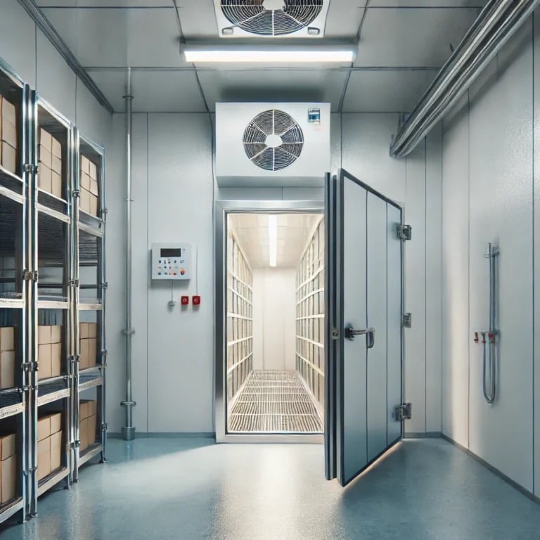 Industrial walk-in freezer with open heavy-duty door, metal shelving, and cooling fans for cold storage.